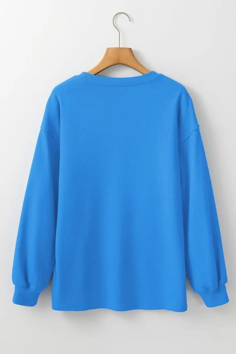Sky Blue Solid Color Drop Shoulder Long Sleeve Basic Sweatshirt - Love Salve
